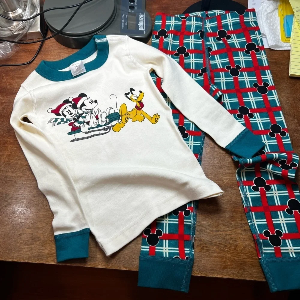 Hanna Andersson Disney Kids SZ 4 Mickey Mouse Holiday Long John Pajama Set NWOT